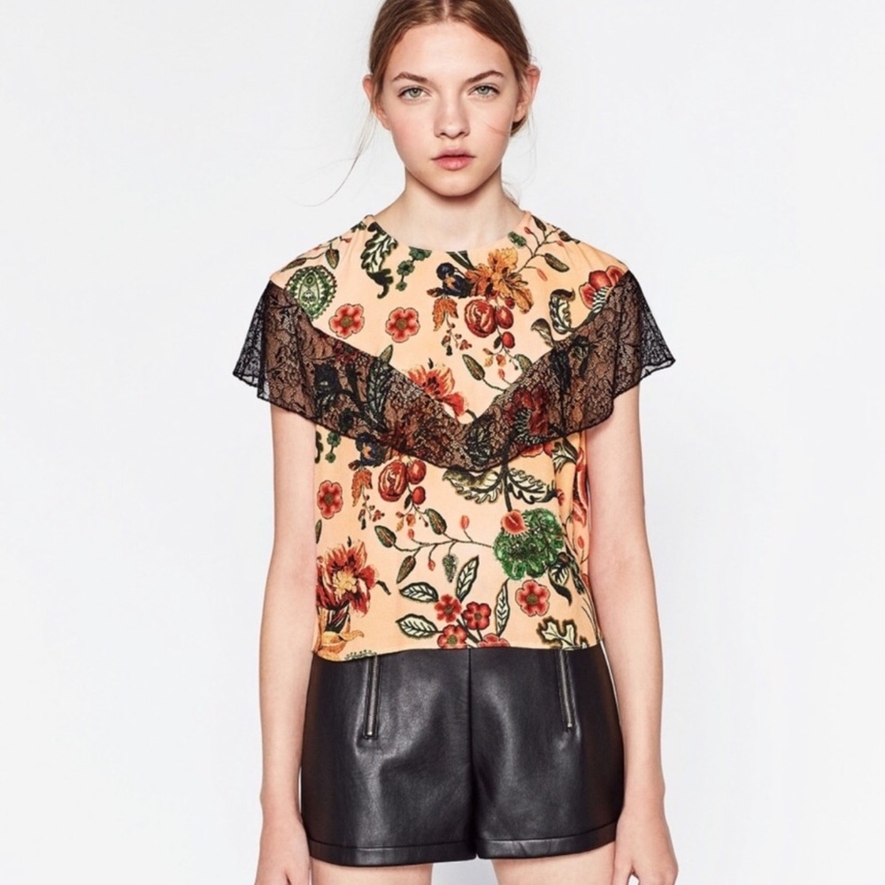 Zara Trafaluc Peach Floral Lace Crop Top